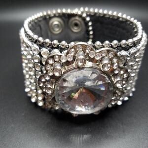 Rhinestone Wide Snap Bracelet, Clear Rhinestones Brown Faux Leather, 7 3/4 Inch